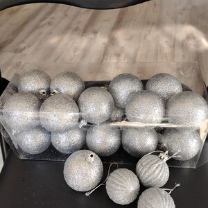 Lot Of 23 Silver Glitter Plastic Holiday Ornaments